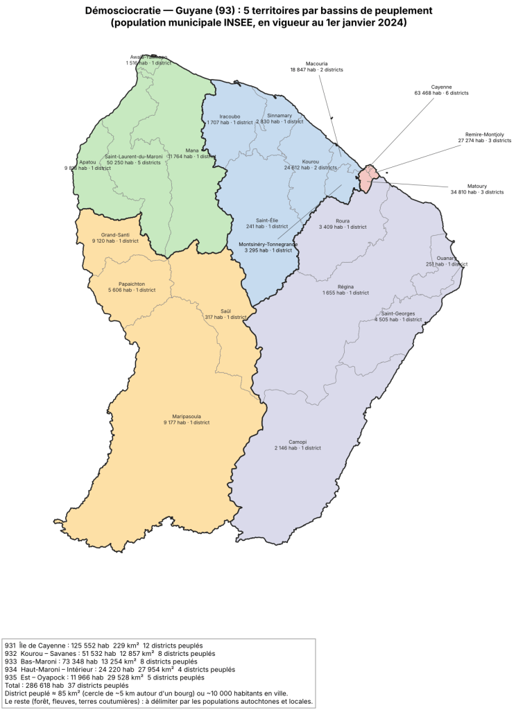 Carte de la Guyane en 5 territoires selon les bassins de peuplement