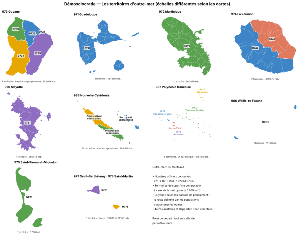 Carte des 32 territoires d’outre-mer avec leurs numéros